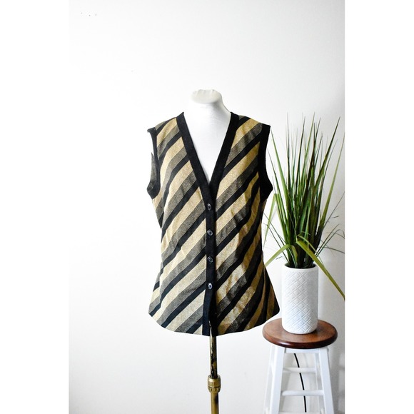 Leona Jackets & Blazers - Leona Button Front Vest Women LGold Black 70s Metallic Stripe Finnish Design